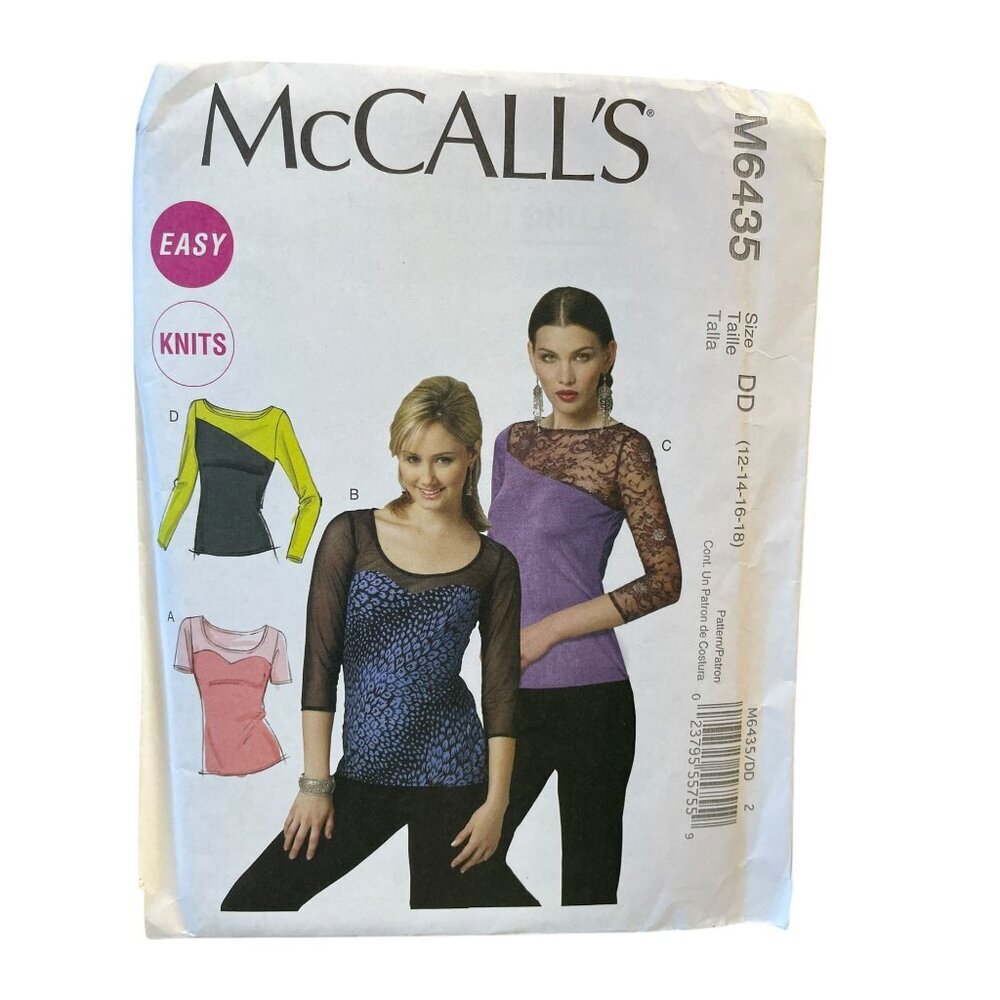 McCalls Sewing Pattern 6435‎ Top Shirt Knits Misses Size 12-18